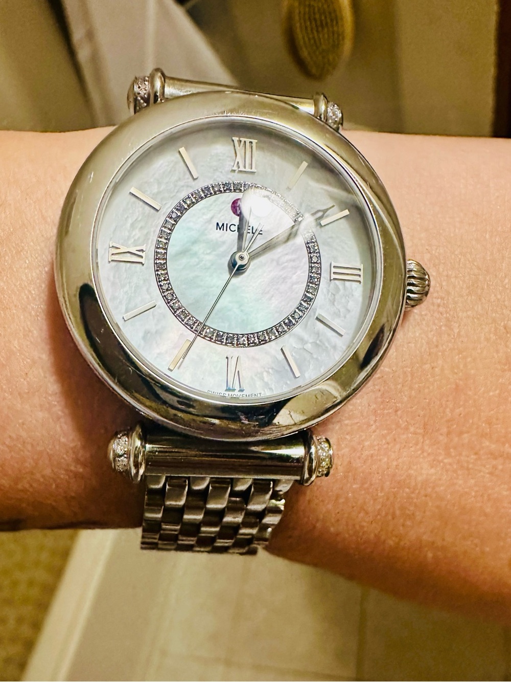 Lk New Michele Diamond Watch Mother Pearl Diamond Watch New Battery All Links - Picture 7 of 9